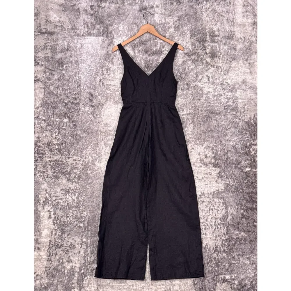 Reformation Jumpsuit 0 Womens Black 100% Linen Button Front Sleeveless Wide Leg